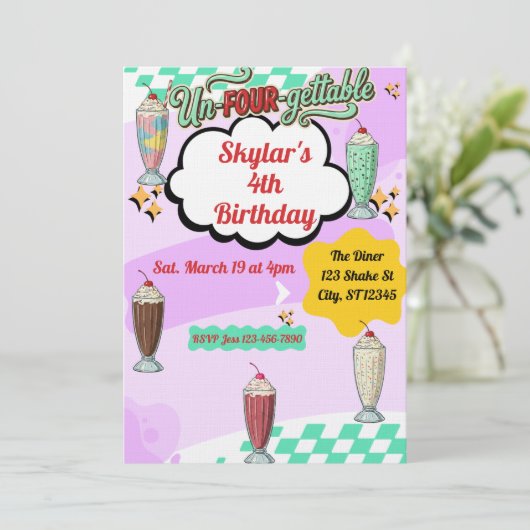 Un-Four-Gettable, Milkshake Retro 4th Birthday Kaart (Staand voorkant)