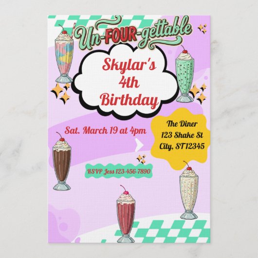Un-Four-Gettable, Milkshake Retro 4th Birthday Kaart (Voorkant)