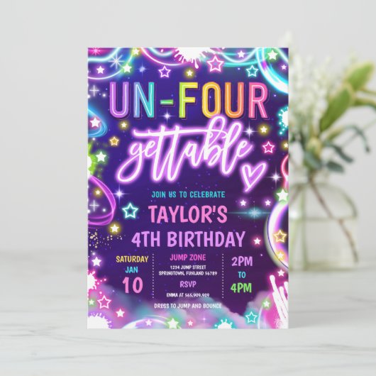 Un-Four-Gettable Neon Glow 4e verjaardagsfeest Kaart (Staand voorkant)