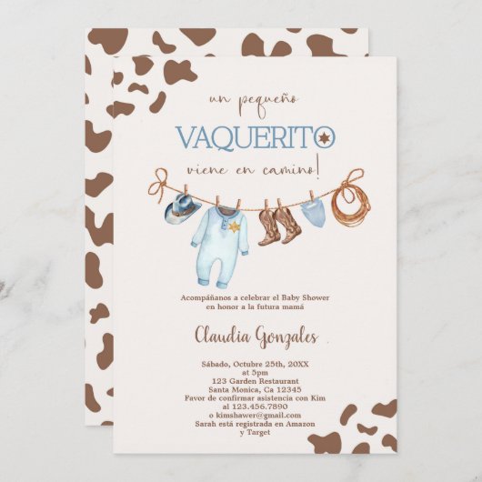 Un Pequeño Vaquerito viene en camino Baby shower Kaart (Voorkant / Achterkant)
