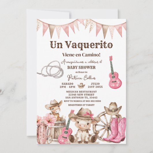 Un Vaquerito Viene en Camino Girl Baby Shower Kaart (Voorkant)