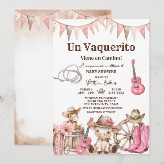 Un Vaquerito Viene en Camino Girl Baby Shower Kaart (Voorkant / Achterkant)