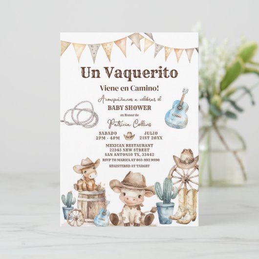 Un Vaquerito Viene en Camino Spaans Baby shower Kaart (Staand voorkant)