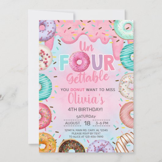 Un-vier-gettable donuts meisje 4e verjaardag uitno kaart (Voorkant)