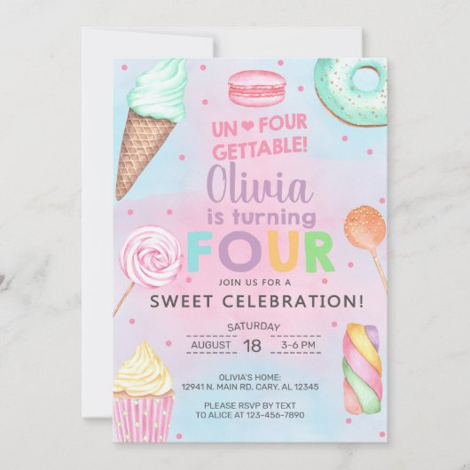 Un-vier-gettable meisje 4e verjaardag uitnodiging. kaart (Voorkant)