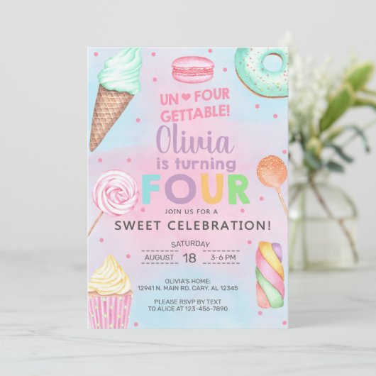 Un-vier-gettable meisje 4e verjaardag uitnodiging. kaart (Staand voorkant)