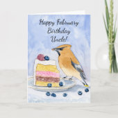 Uncle Happy February Birthday Cedar Waxwing Cake Kaart (Voorkant)