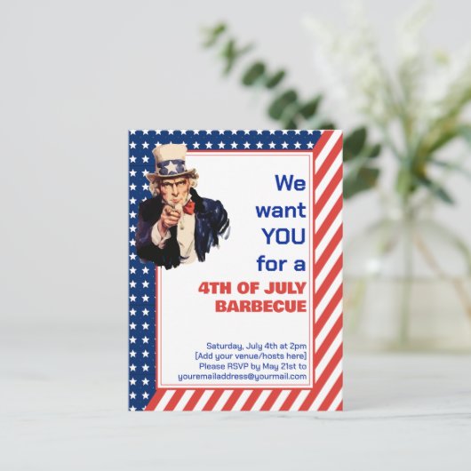 Uncle Sam 4TH OF JULI BBQ BARBECUE uitnodiging (Staand voorkant)