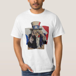 Uncle Sam bedekt zijn gezicht met politieke schaam T-shirt