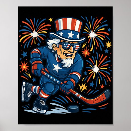 Uncle Sam hockeyspeler 4th of July Patriottische M Poster (Voorkant)