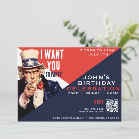 Uncle Sam I Want You 4 Juli Verjaardagsfeest Kaart (Staand voorkant)