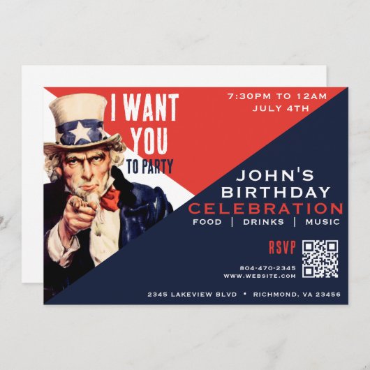 Uncle Sam I Want You 4 Juli Verjaardagsfeest Kaart (Voorkant / Achterkant)