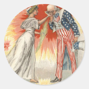 Uncle Sam Lady Liberty Vlag Vuurwerk Ronde Sticker