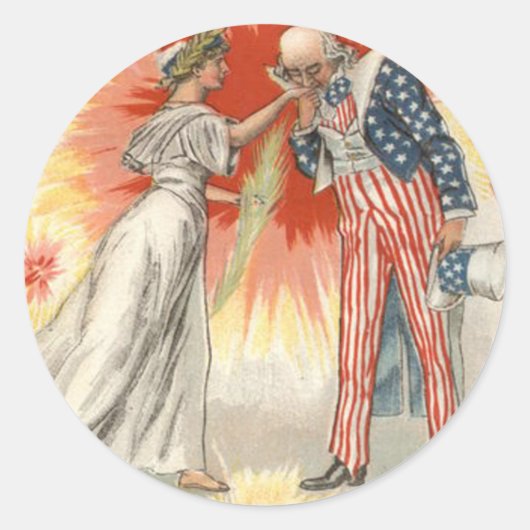 Uncle Sam Lady Liberty Vlag Vuurwerk Ronde Sticker (Voorkant)