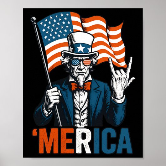 Uncle Sam Merica Rock Funny 4th of July Amerikaans Poster (Voorkant)