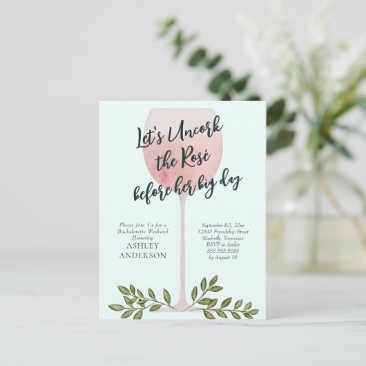 Uncork the Rosé Wine Waterverf Bachelorette Party Briefkaart (Staand voorkant)