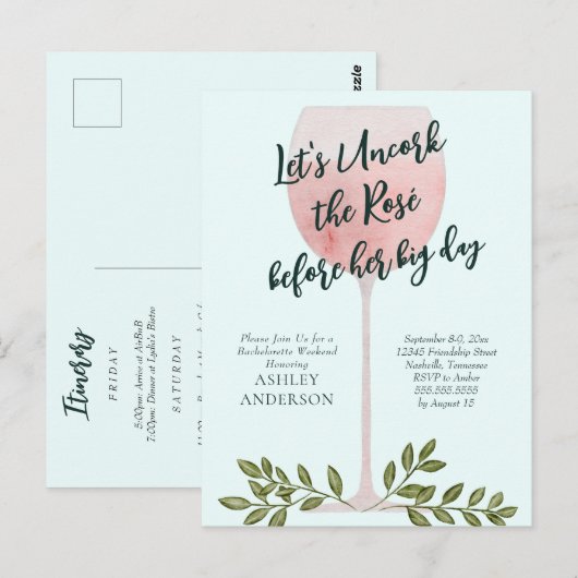 Uncork the Rosé Wine Waterverf Bachelorette Party Briefkaart (Voorkant / Achterkant)