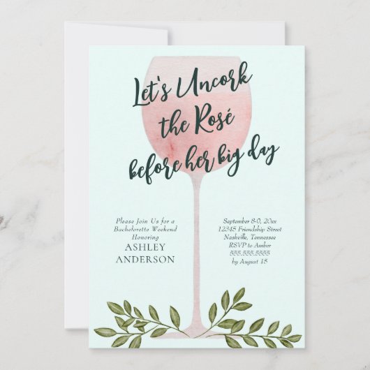 Uncork the Rosé Wine Waterverf Bachelorette Party Kaart (Voorkant)