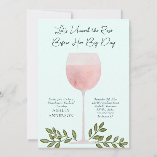 Uncork the Rosé Wine Waterverf Bachelorette Party Kaart (Voorkant)