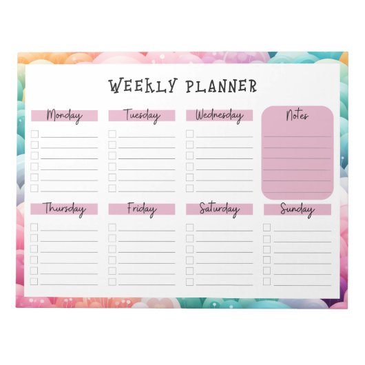 Undated Weekly Planner, Rainbow Cloud Border Notep Notitieblok (Voorkant)