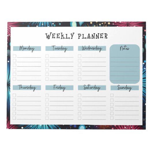 Undated Weekly Planner with Fireworks Border Notitieblok (Voorkant)