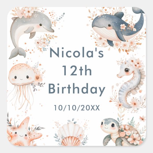 Under The Sea Animals Birthday Party Vierkante Sticker (Voorkant)