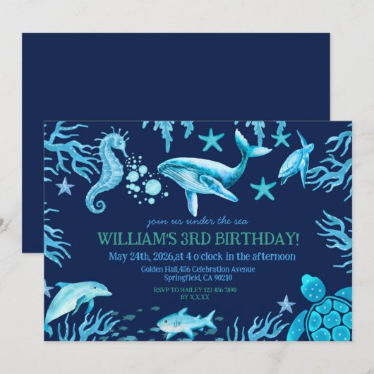 Under the Sea birthday invitation, ocean boy  Kaart (Voorkant / Achterkant)