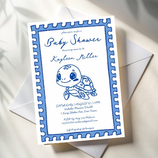 Under the sea blue cute turtle baby shower kaart