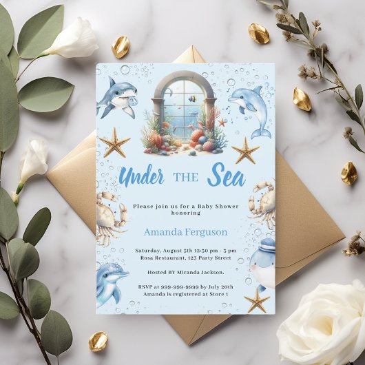 Under the sea blue ocean animals boy Baby Shower Kaart
