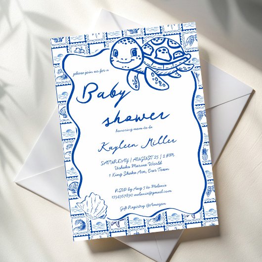 Under the sea cute turtle blue baby shower kaart
