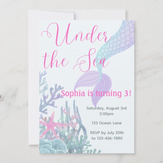 Under the Sea Mermaid Birthday Party Invitation Kaart (Voorkant)