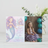Under the Sea Mermaid Purple 5th Birthday Photo Kaart (Staand voorkant)