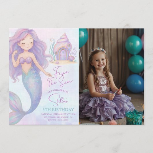 Under the Sea Mermaid Purple 5th Birthday Photo Kaart (Voorkant)