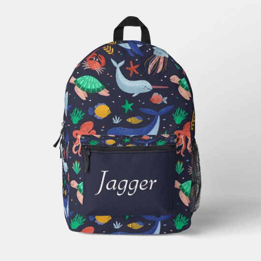 Under the Sea Navy Blue Personalized Name Backpack Bedrukte Rugzak (Voorkant)