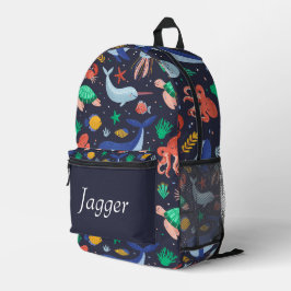 Under the Sea Navy Blue Personalized Name Backpack Bedrukte Rugzak