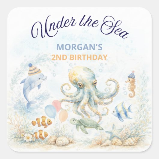 Under the Sea Ocean Animals Octopus Birthday Vierkante Sticker (Voorkant)