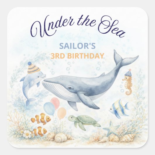 Under the Sea Ocean Animals Whale Birthday Vierkante Sticker (Voorkant)