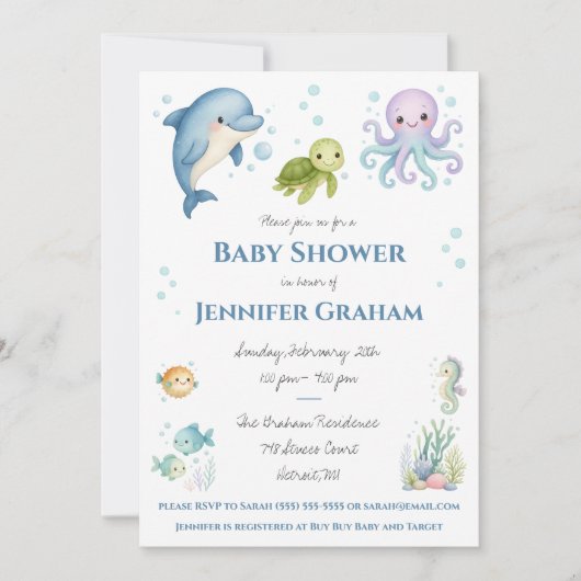 Under the Sea, Ocean Creatures Baby Shower Kaart (Voorkant)