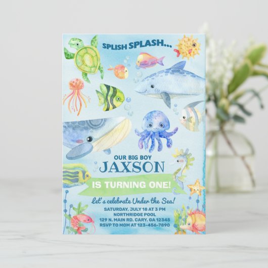 Under the Sea ocean life boy birthday invite. Kaart (Staand voorkant)
