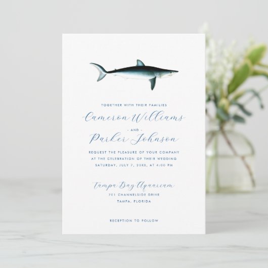 Under the Sea Shark Aquarium All-in-one QR Wedding Kaart (Staand voorkant)