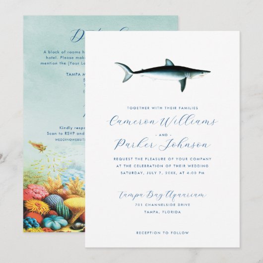 Under the Sea Shark Aquarium All-in-one QR Wedding Kaart (Voorkant / Achterkant)