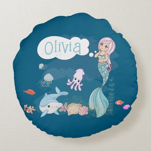Under the Sea Sweet Mermaid Personalized Rond Kussen (Achterkant)