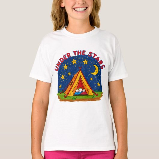 Under the Stars Kids Camping Drawing T-shirt (Voorkant)