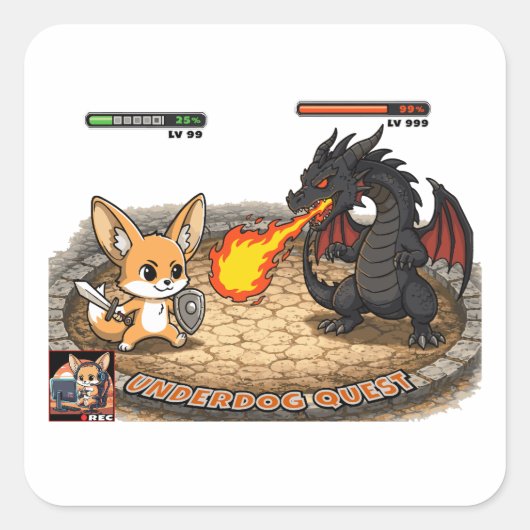 Underdog Quest Fennec Vos RPG Strijd Draak Chibi Vierkante Sticker (Voorkant)