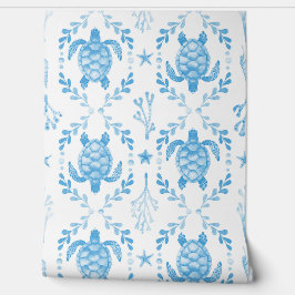 Underwater Sea Turtles and Starfish in Light Blue  Behang