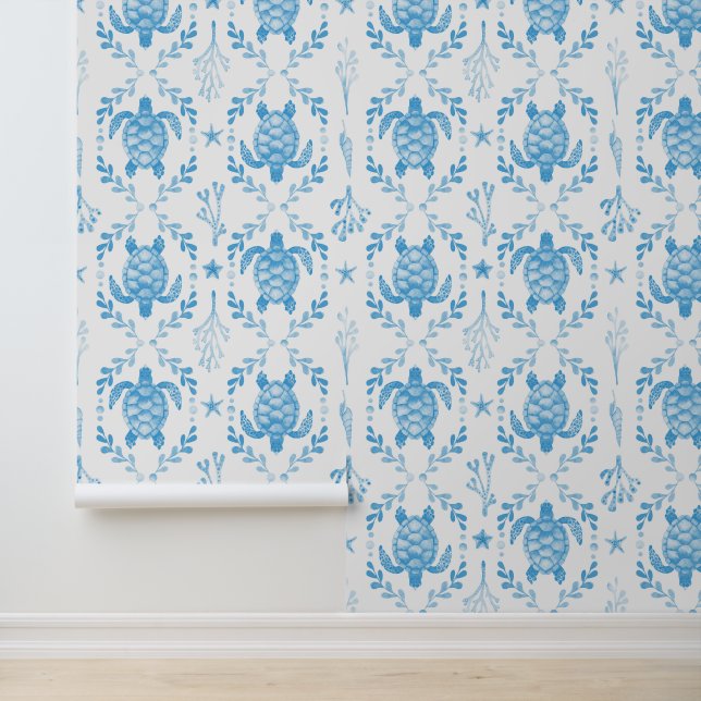 Underwater Sea Turtles and Starfish in Light Blue  Behang (Applicatie)