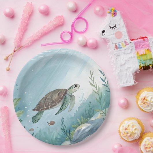 Underwater world with turtle papieren bordje (Feest)