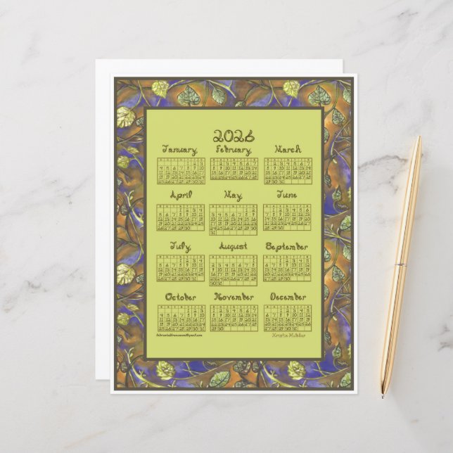 Undulating Leaves Border 2026 Calendar Paper Sheet (Voorkant / Achterkant in situ)