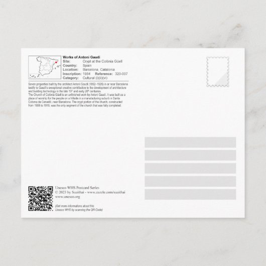 UNESCO - Antoni Gaud, Crypte in de Colonia G￼ell Briefkaart (Achterkant)