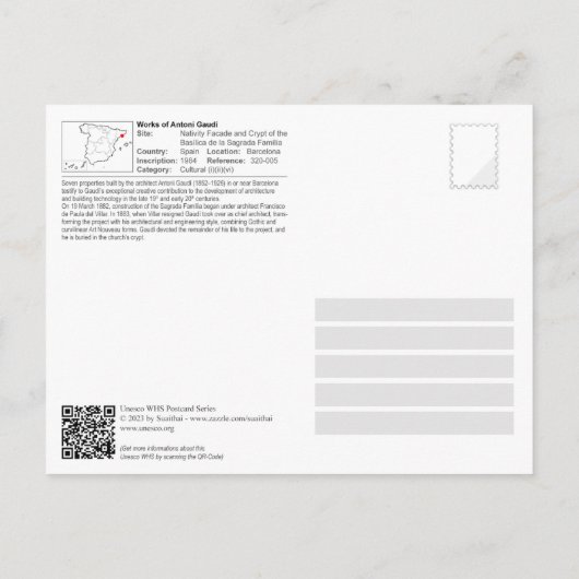 UNESCO - Antoni Gaudí - Sagrada Familia - Crypte Briefkaart (Achterkant)